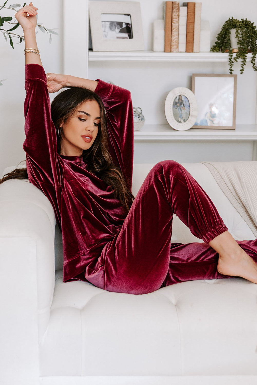 Burgundy Velour Long-sleeve Top & Pants Lounge Set