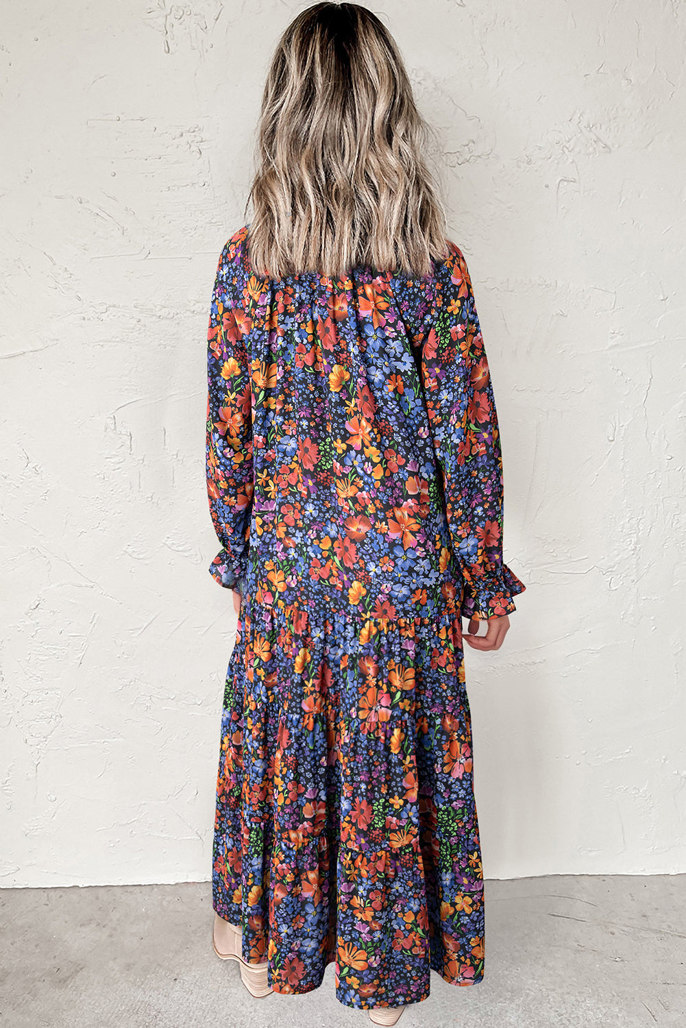 Blue Fall Floral V-Neck Drop Waist Midi Dress
