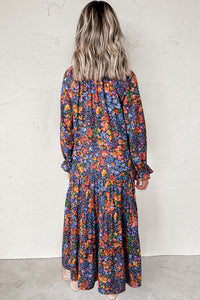 Blue Fall Floral V-Neck Drop Waist Midi Dress