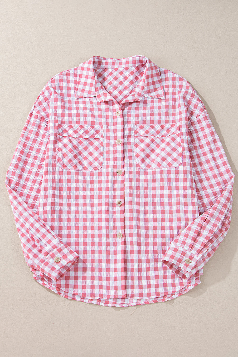 Pink Gingham Button Up Collared Shirt with Chest Pockets