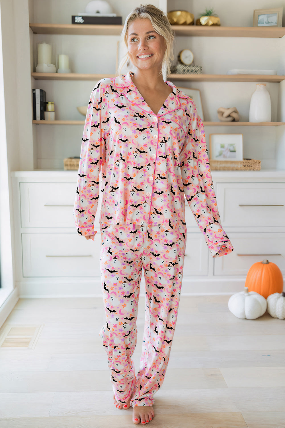 Pink Floral Halloween Ghost and Bat Print Pajama Set