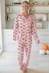 Pink Floral Halloween Ghost and Bat Print Pajama Set