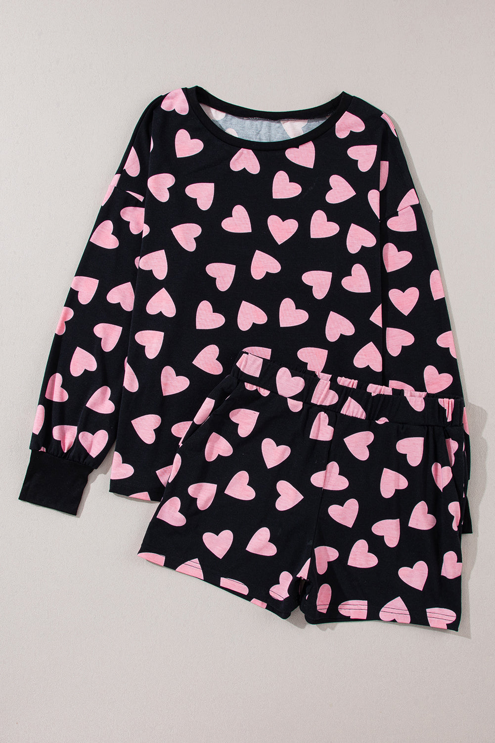 Black Pink Hearts Print Long Sleeve Top Shorts Lounge Set