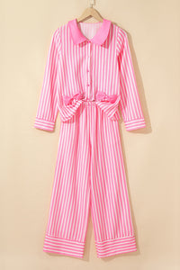Pink Stripe Buttoned Front Long Sleeve Top and Pants 2 Piece Sleepwear