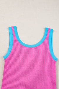 Bright Pink and Aqua Trim Ribbed Knit U-Neck Tank Top