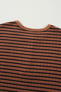 Brown Stripe Textured Henley Long Sleeve Top