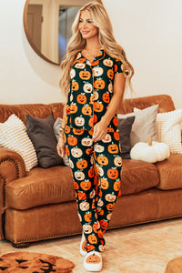 Black with Orange Pumpkins Print Short Sleeve Shirt & Pants Pajama Set