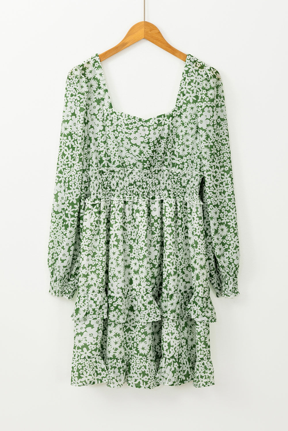 Green Floral Print Square Neck Shirred Waist Tiered Ruffled Mini Dress