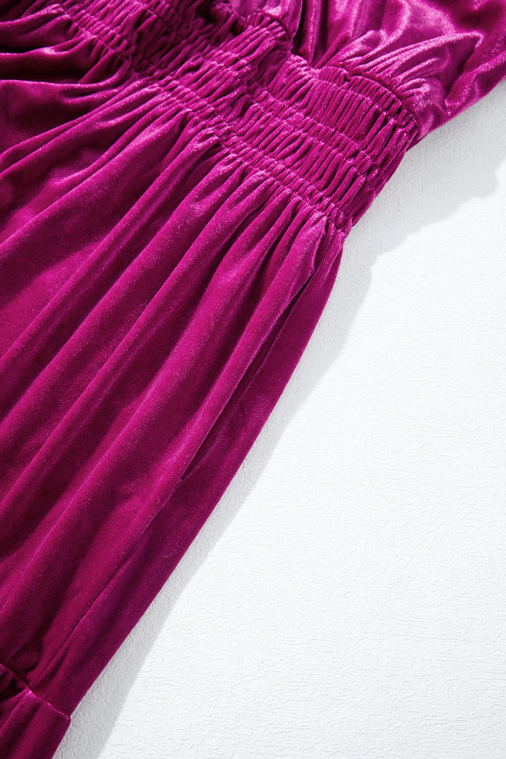 Magenta Velour Short Sleeve Shirred Waist Tiered Maxi Dress