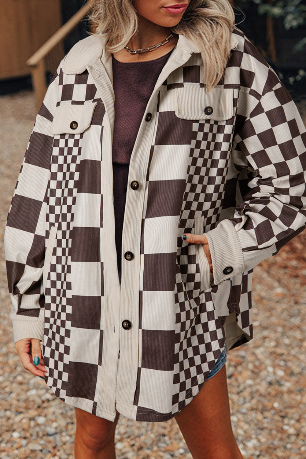 Brown Checkered Print Patchwork Corduroy Oversized Shacket