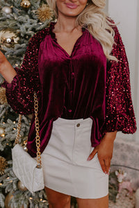 Burgundy Sequin Sleeve Button Up Velvet Top