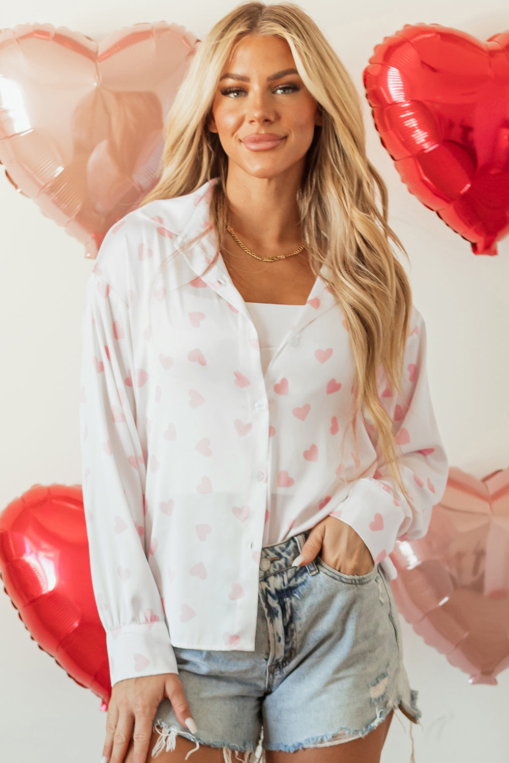 White with Pink Heart Print Drop Shoulder Long Sleeve Blouse