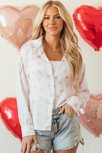 White with Pink Heart Print Drop Shoulder Long Sleeve Blouse