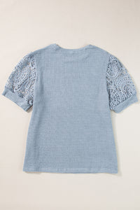 Blue Plus Size Textured Knit Lace Sleeve Tee