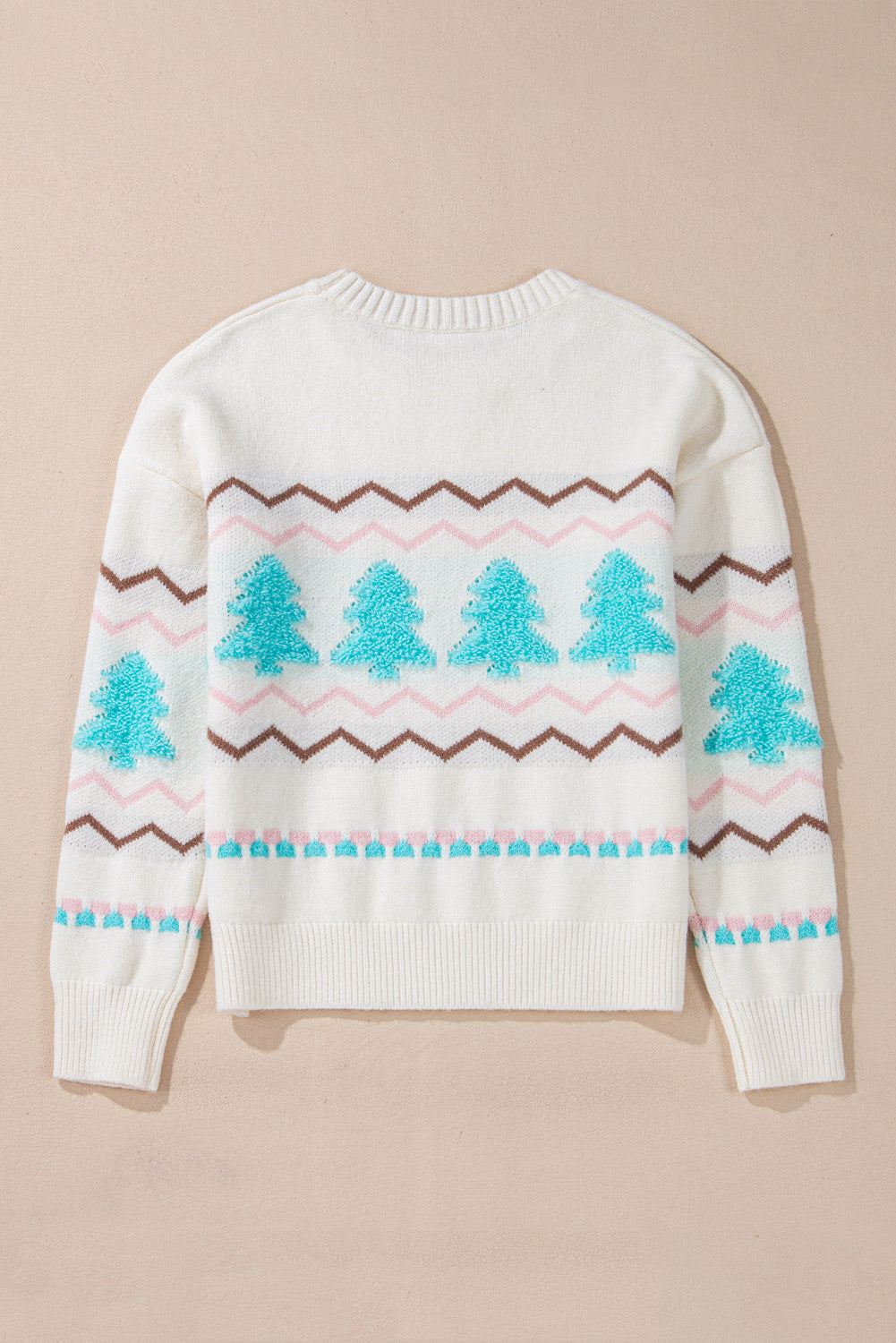 Pink & Tan Chevron Stripes with Turquoise Trees Design Knit Sweater