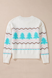 Pink & Tan Chevron Stripes with Turquoise Trees Design Knit Sweater