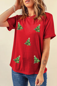 Red with Sequined Christmas Trees Crewneck T-Shirt