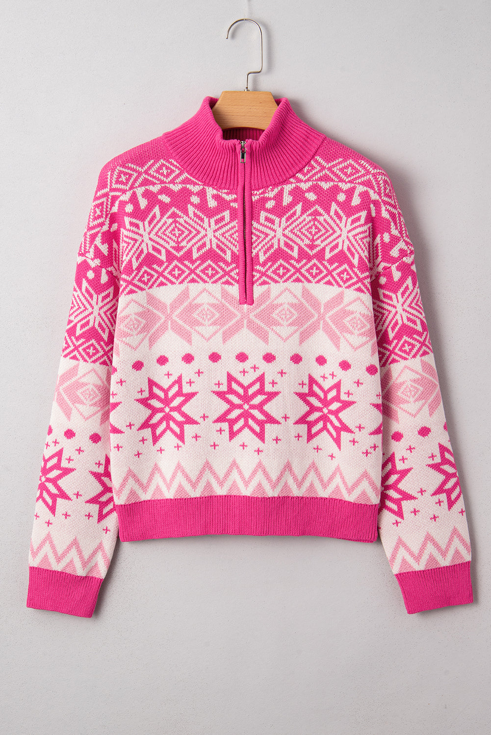 Pink Snowflake Quarter Zip Mock Neck Sweater