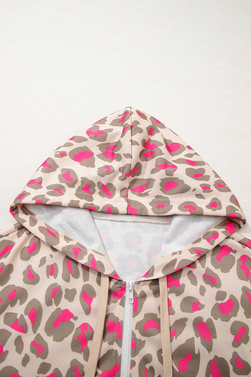 Fuchsia and Khaki Leopard Print Full Zip Front Pockets Hoodie