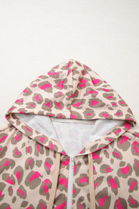 Fuchsia and Khaki Leopard Print Full Zip Front Pockets Hoodie