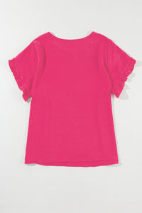 Bright Pink Ruffled Short Sleeve Textured Plus Size Top
