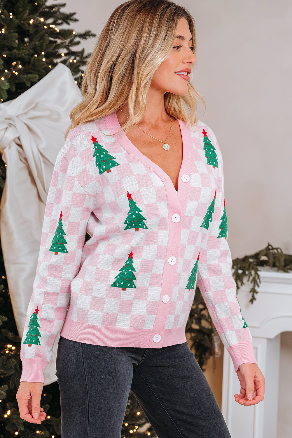 Checkered Christmas Tree Pattern Buttoned V-Neck Cardigan Sweater