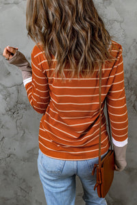 Rust Striped Color Block Long Sleeve  Rib Knit Shirt