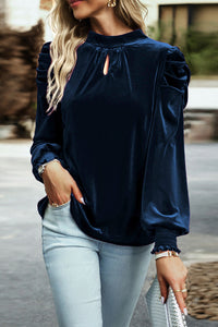 Navy Tie Back Neck Ruffled Sleeve Velour Blouse