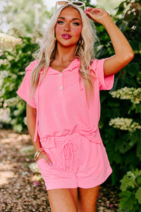 Pink Hooded Short Sleeve Henley Top and Shorts Set