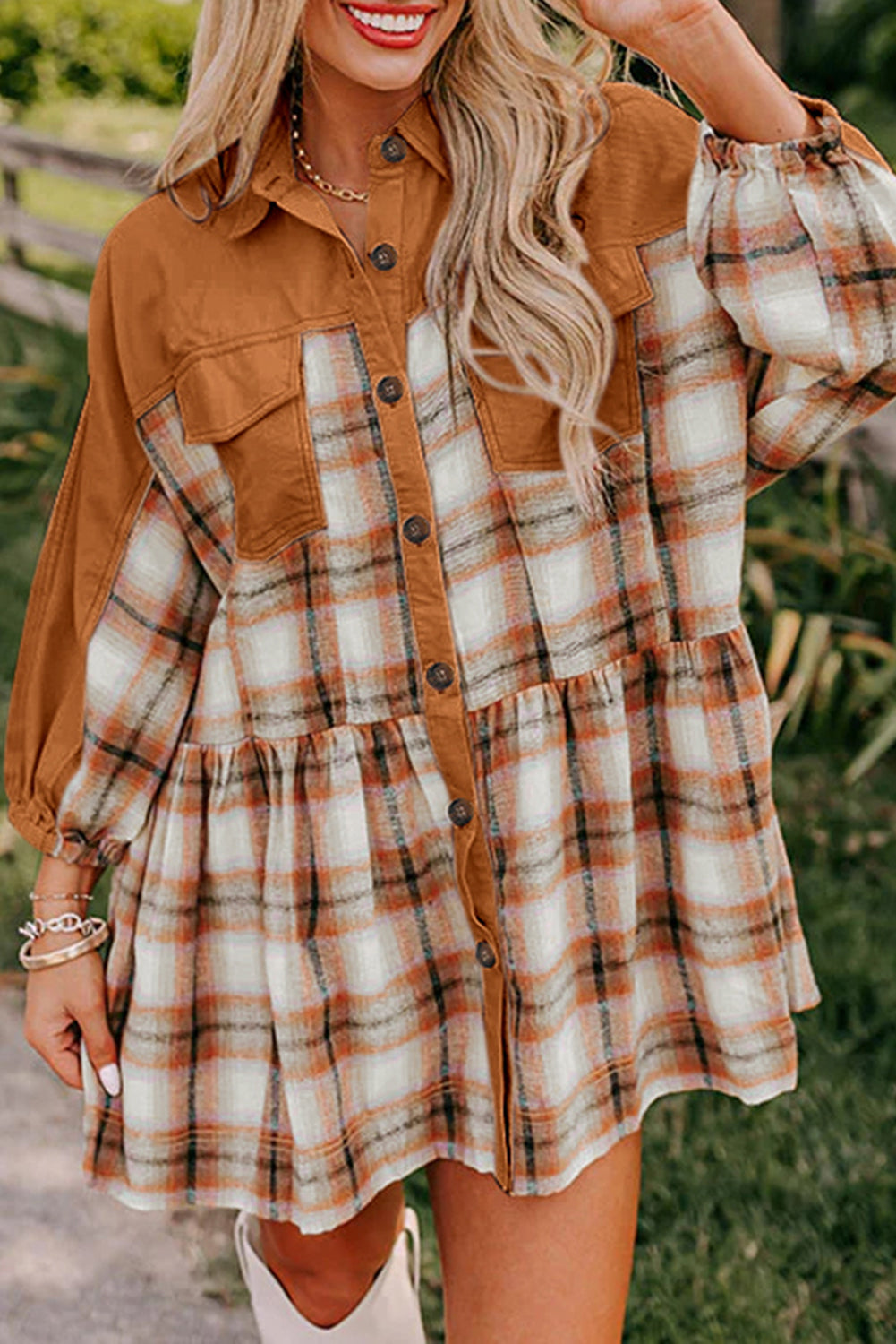Rust Fall Plaid Color Block Button Down Mini Dress