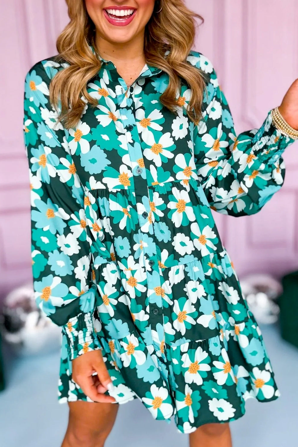 Green Floral Tiered Long Puff Sleeve Button Down Dress