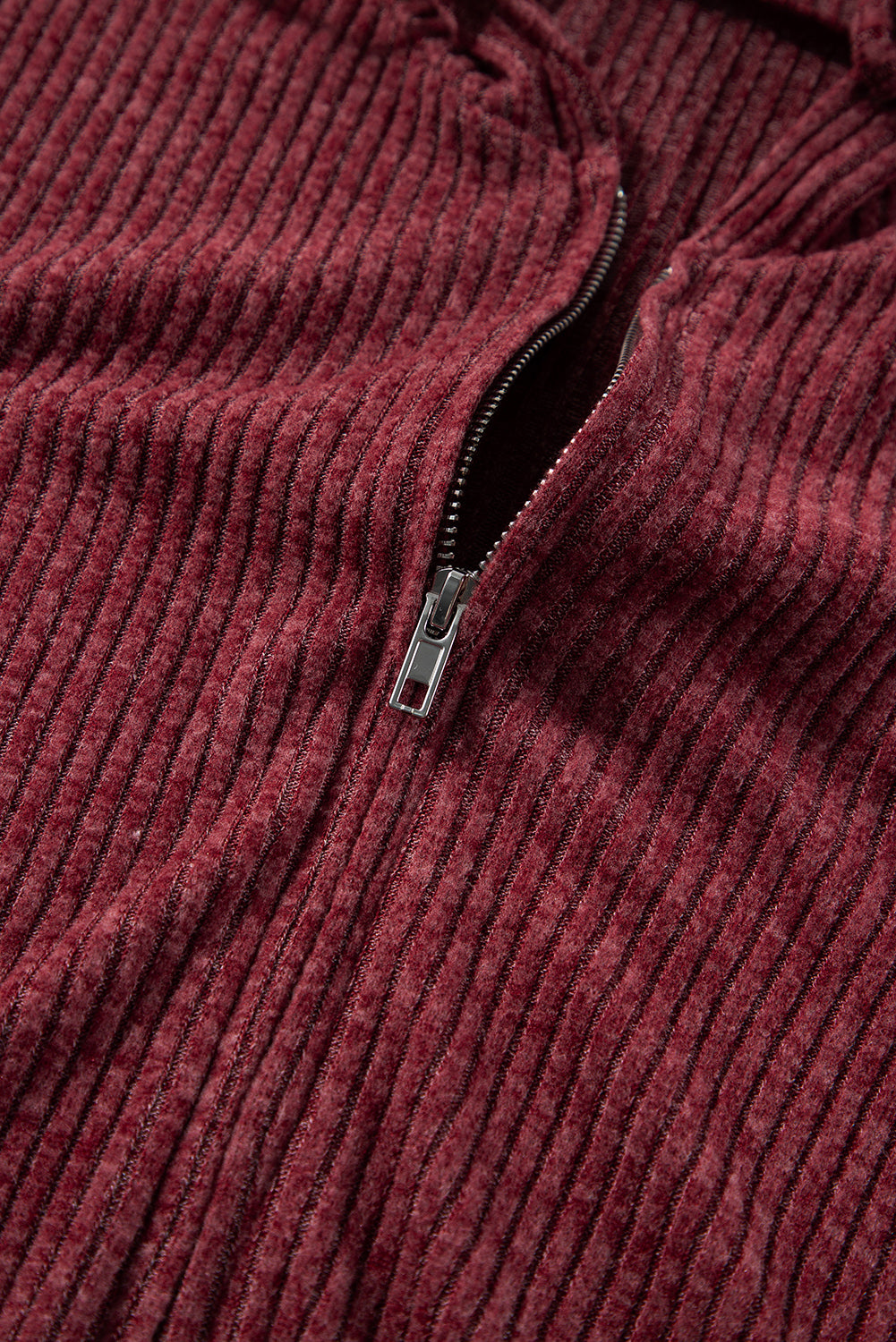 Burgundy Ribbed Zip Up Front Drawstring Hoodie