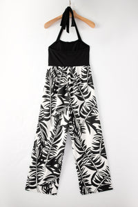 Black and White Tropical Plant Print Wide Leg Jumpsuit