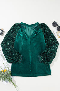 Emerald Sequined Sleeve V-Neck Button Up Velour Blouse