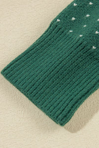 Green Snowflake Dotted Crew Neck Knit Sweater