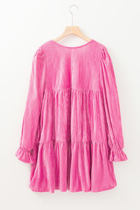 Pink Tiered Ruffled Velour Mini Dress