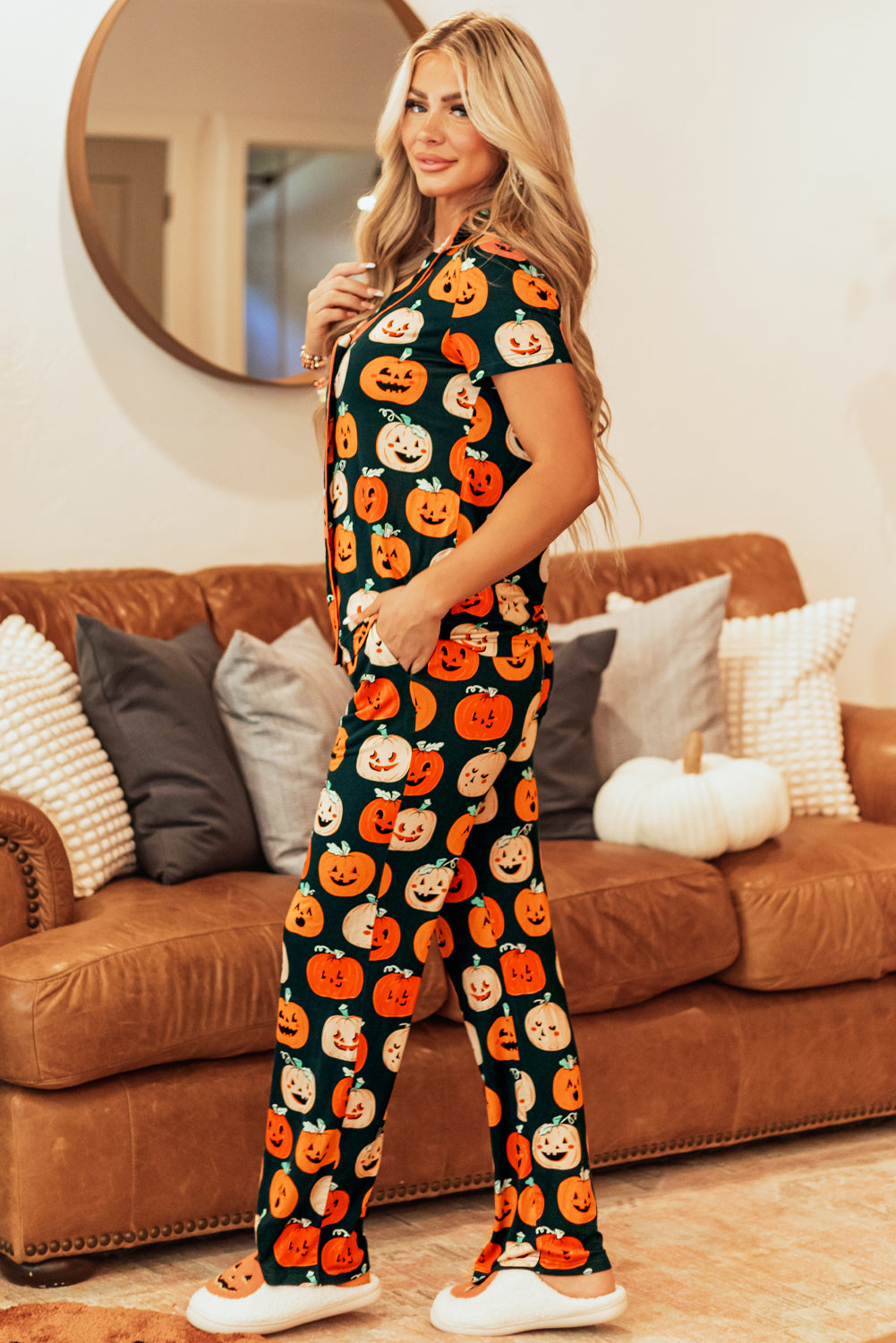 Black with Orange Pumpkins Print Short Sleeve Shirt & Pants Pajama Set