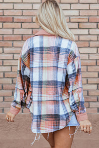 Light Pink & Blue Plaid Corduroy Color-block Chest Pockets Heavyweight Button-down Shirt