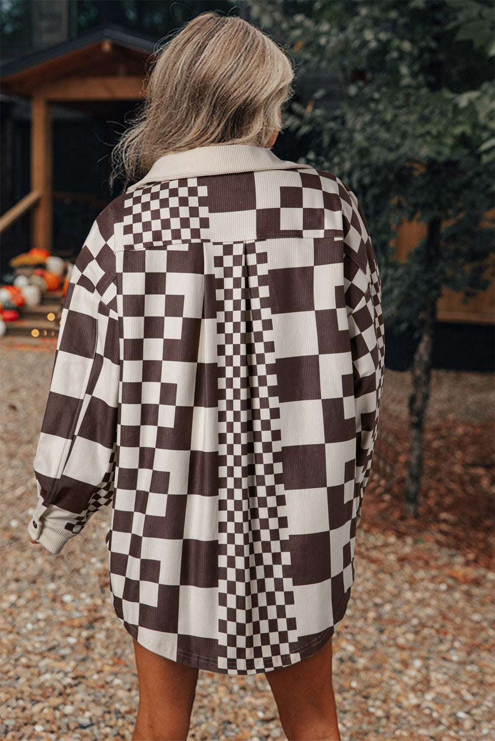 Brown Checkered Print Patchwork Corduroy Oversized Shacket