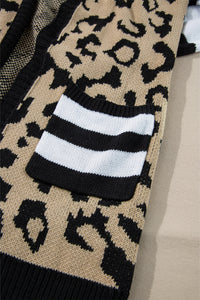 Stripe Sleeve Leopard Print Color Block Open Front Cardigan With Pockets