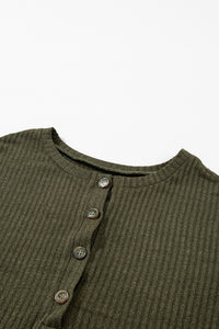 Dark Olive Rib Textured Henley Knit Top