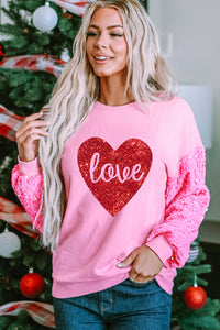 Pink Sequined Love Heart Long Sleeve Pullover