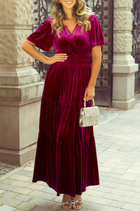 Magenta Velour Short Sleeve Shirred Waist Tiered Maxi Dress