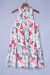 Pink and Blue Floral Tiered A-Line Mini Dress