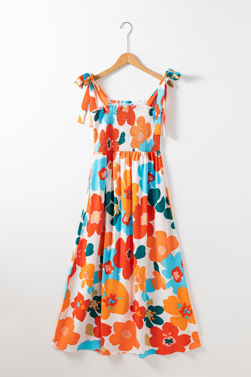 Orange and Blue Floral Shoulder Ties Smocked Bust Maxi Dress