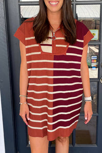 Rust Burgundy Stripe Color Block Quarter Zip Knit Sweater Dress