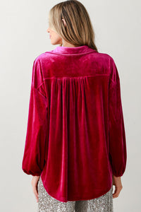 Dark Pink V-Neck Button-Up Long-sleeve Velour Shirt