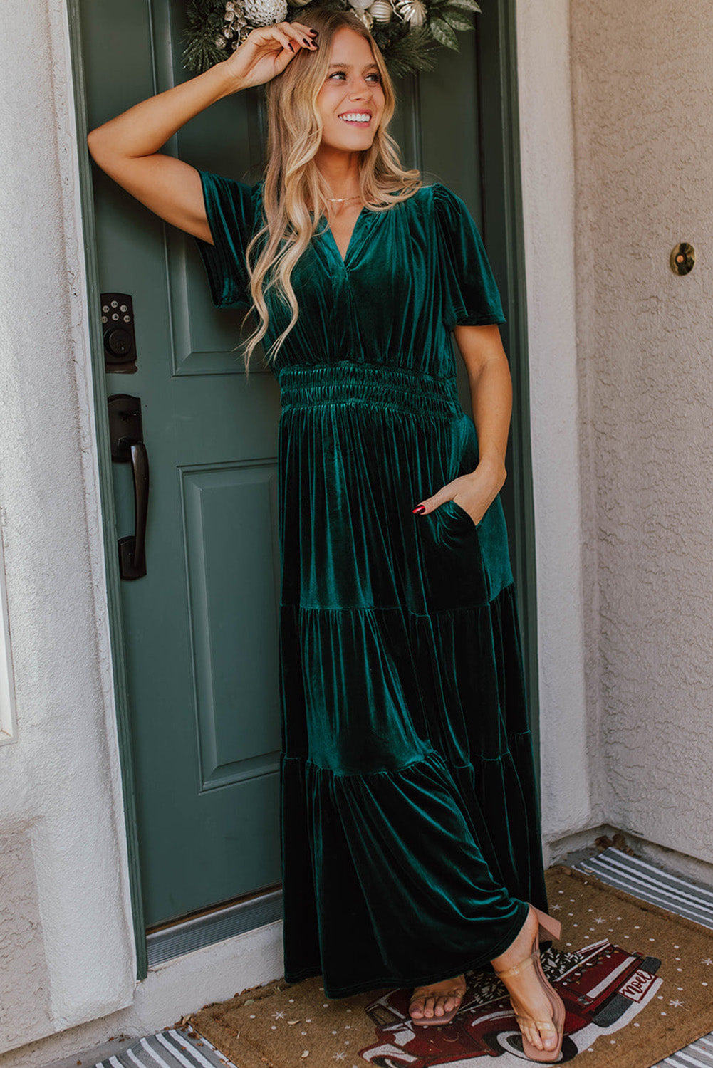 Emerald Velour Short Sleeve Shirred Waist Tiered Maxi Dress