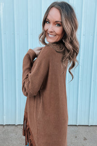 Brown Waffle Knit Fringed High Low Long-sleeve Top