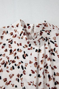 White with Brown & Black Confetti Print Lantern Sleeve Mock Neck Pleated Blouse